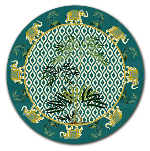 Sottopiatto Rotondo con Elefanti, palma centrale, fondo ikat verde