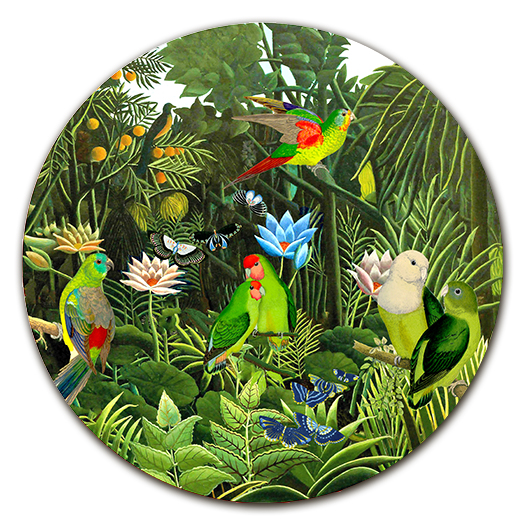 Sottopiatto con pappagalli colorati su foresta giungla