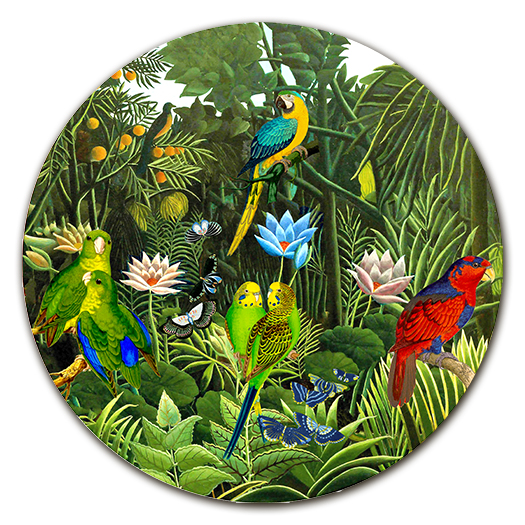 Sottopiatto con pappagalli colorati su foresta giungla